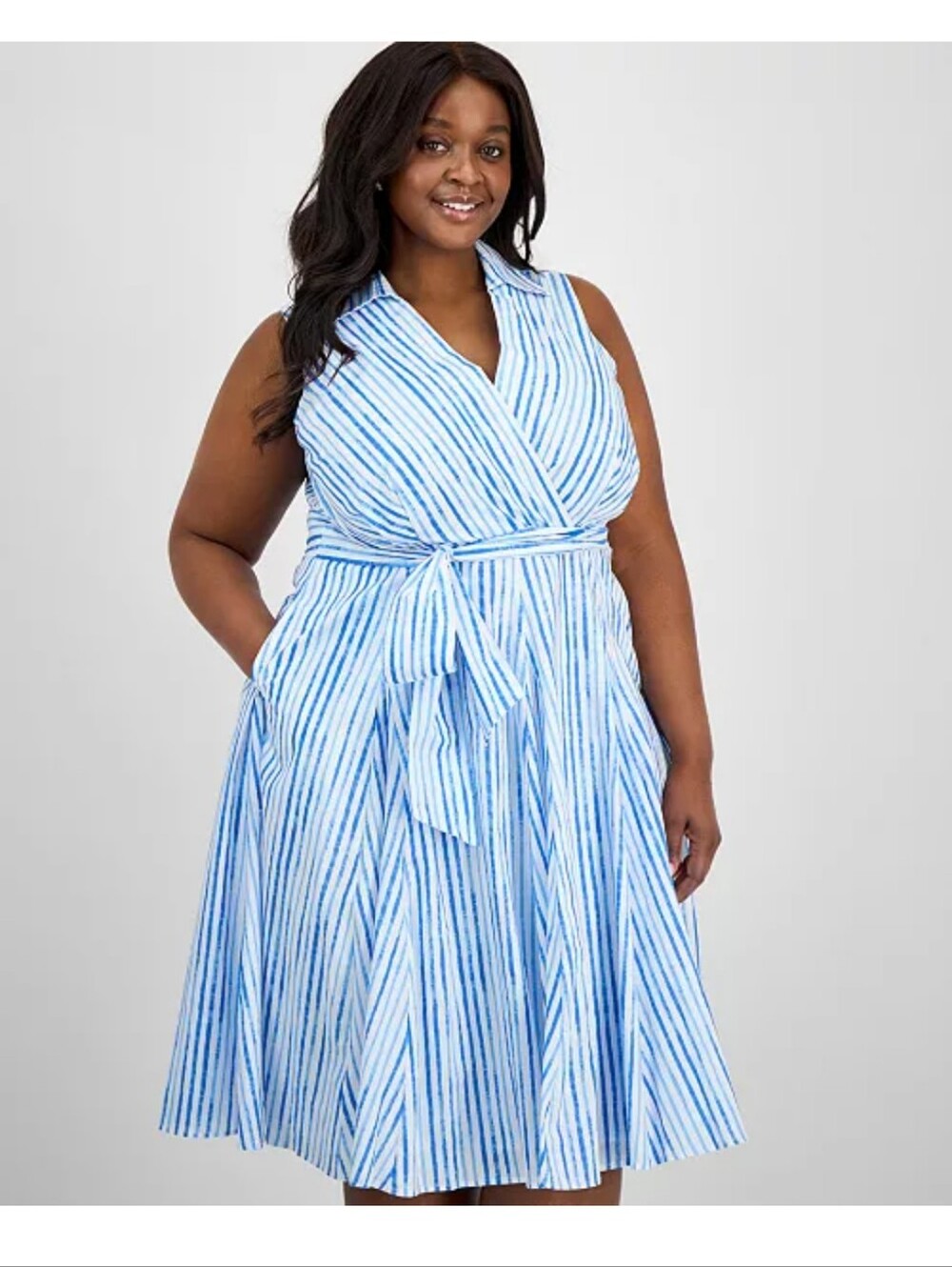 Tahari ASL 22W Striped Sleeveless Belted 100% Cotton Shirtdress $169 Plus